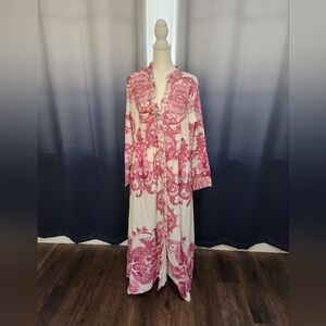 NWOT Ador hot pink and cream paisley button up long sleeved dress